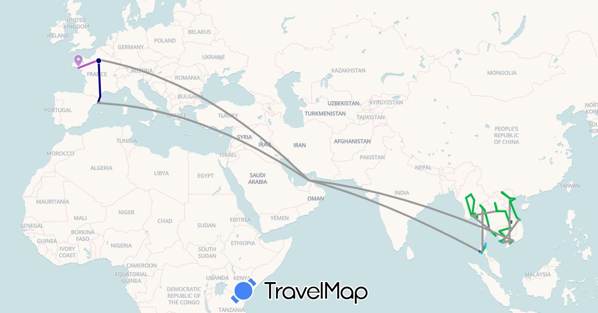 TravelMap itinerary: driving, bus, plane, train, hiking, boat, motorbike in United Arab Emirates, Spain, France, Cambodia, Laos, Myanmar (Burma), Thailand, Vietnam (Asia, Europe)